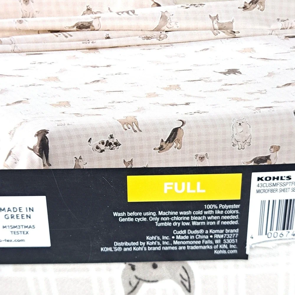 Cuddl Duds Sheet Set Full Size Tan Plaid Dogs Microfiber Soft Warm Bedding New